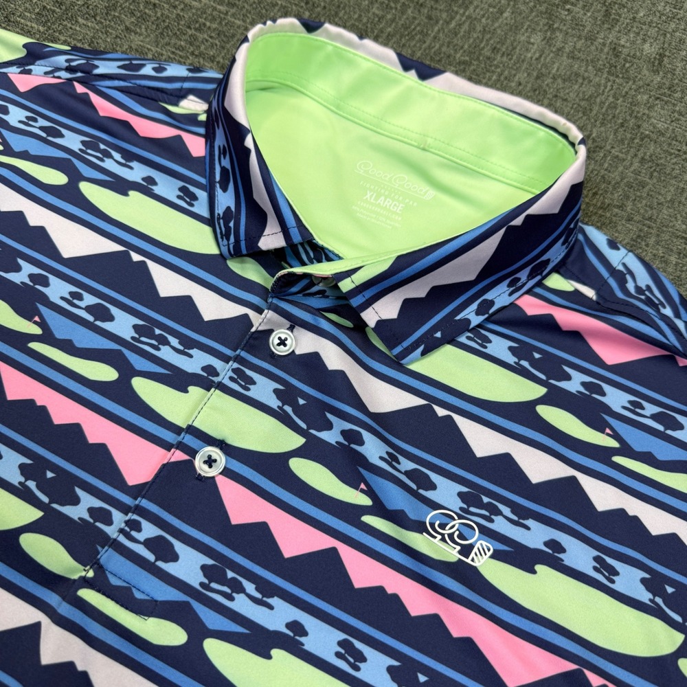 Good Good Golf Polo Shirt Men's XL Geometric Mountain Print Blue Pink Green